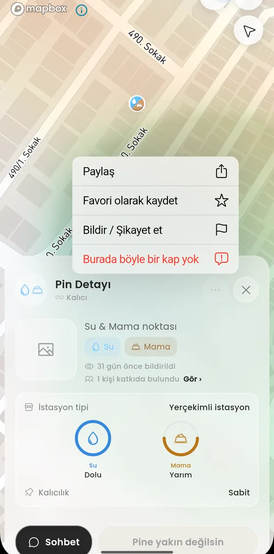 Pin detayinda uzun basma menusu